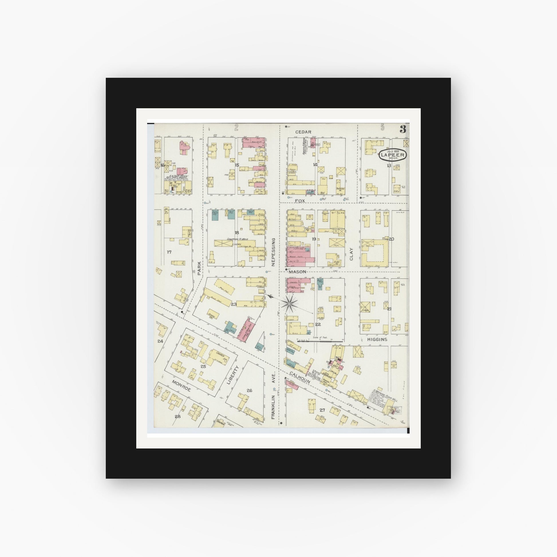 Old map wall art mockup — black gallery frame with white mat — Sanborn Fire Insurance Map from Lapeer, Lapeer County, Michigan (1893), Sheet #0003