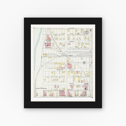 Old map wall art mockup — black gallery frame with white mat — Sanborn Fire Insurance Map from Pekin, Tazewell County, Illinois (1898), Sheet #0002