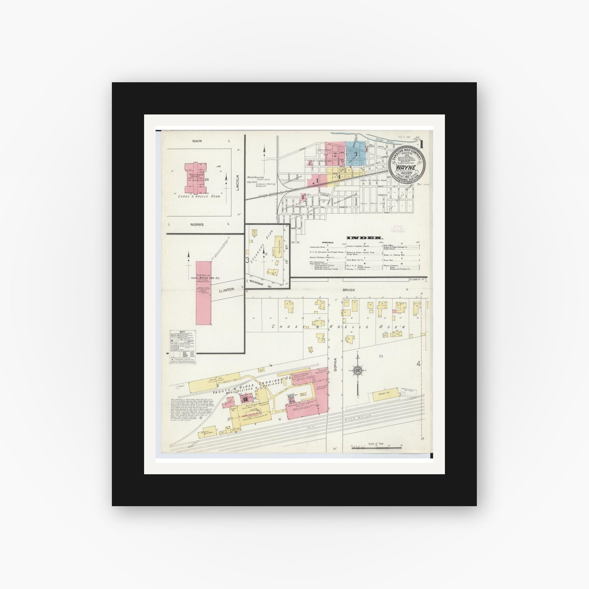 Old map wall art mockup — black gallery frame with white mat — Sanborn Fire Insurance Map from Wayne, Wayne County, Michigan (1912) - Complete Map Set