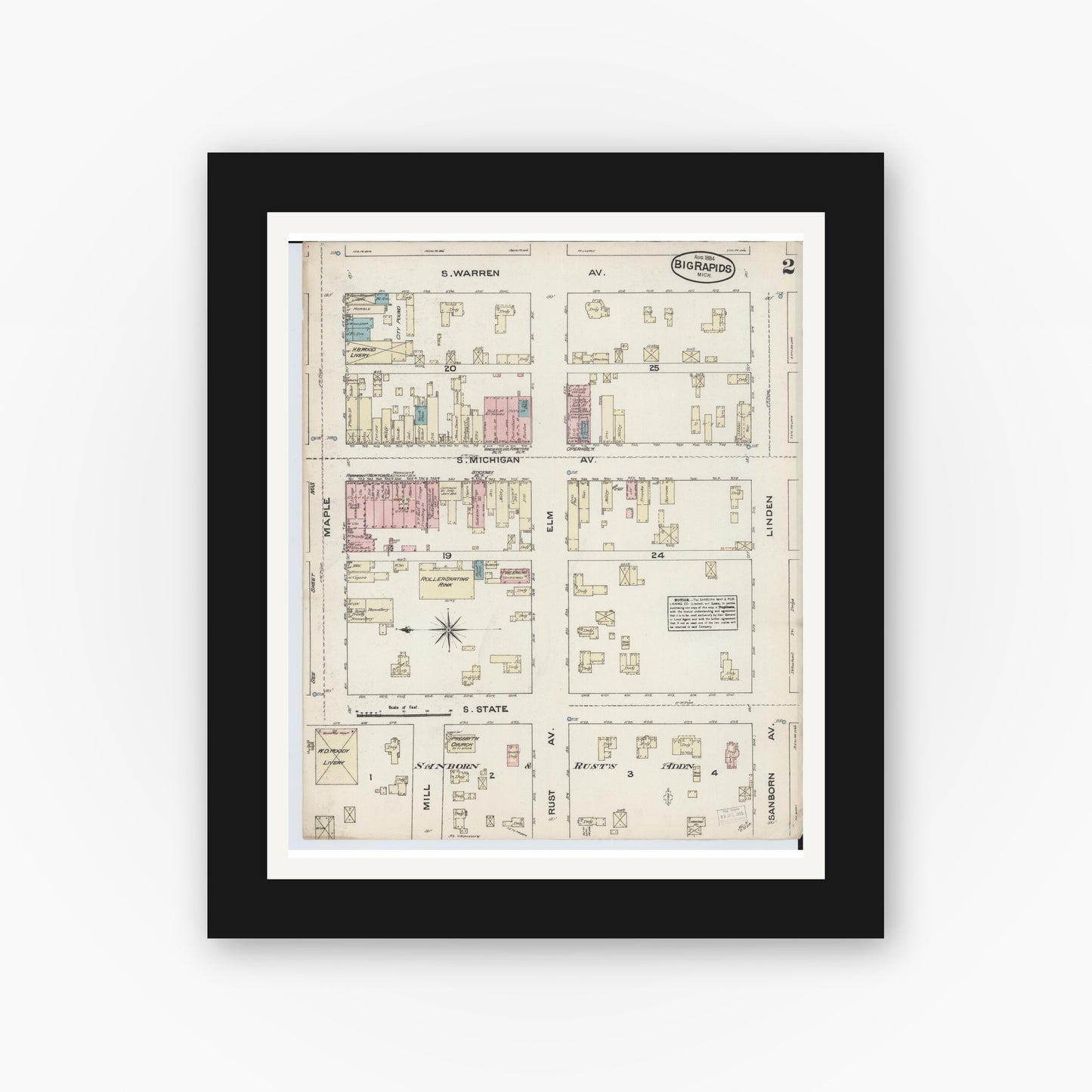 Old map wall art mockup — black gallery frame with white mat — Sanborn Fire Insurance Map from Big Rapids, Mecosta County, Michigan (1884), Sheet #0002