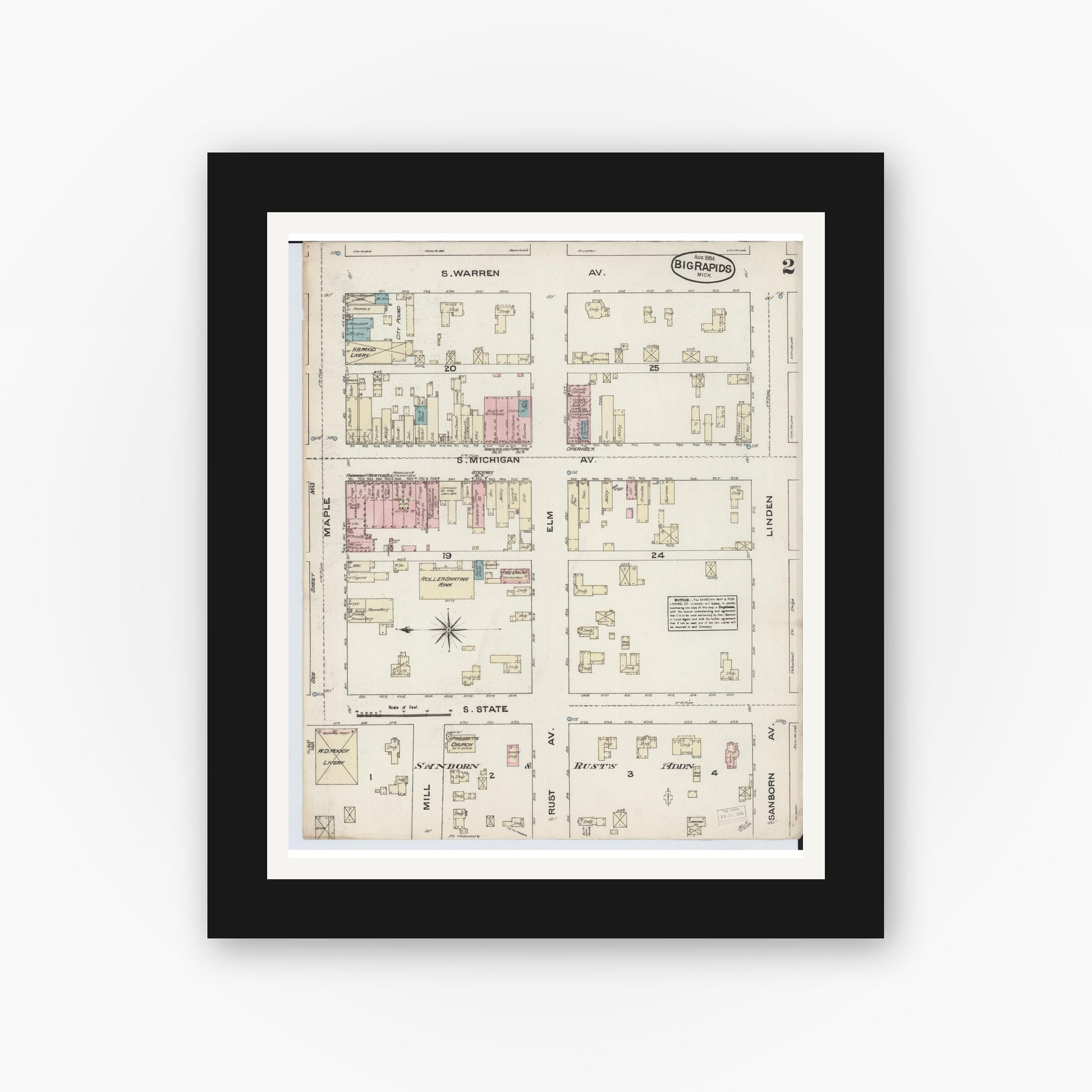 Old map wall art mockup — black gallery frame with white mat — Sanborn Fire Insurance Map from Big Rapids, Mecosta County, Michigan (1884), Sheet #0002