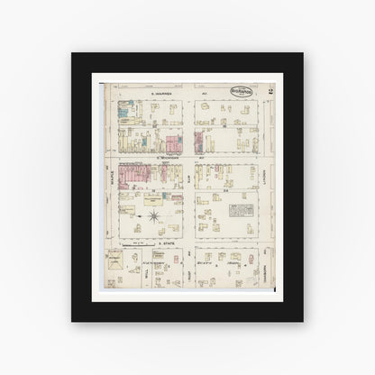 Old map wall art mockup — black gallery frame with white mat — Sanborn Fire Insurance Map from Big Rapids, Mecosta County, Michigan (1884), Sheet #0002