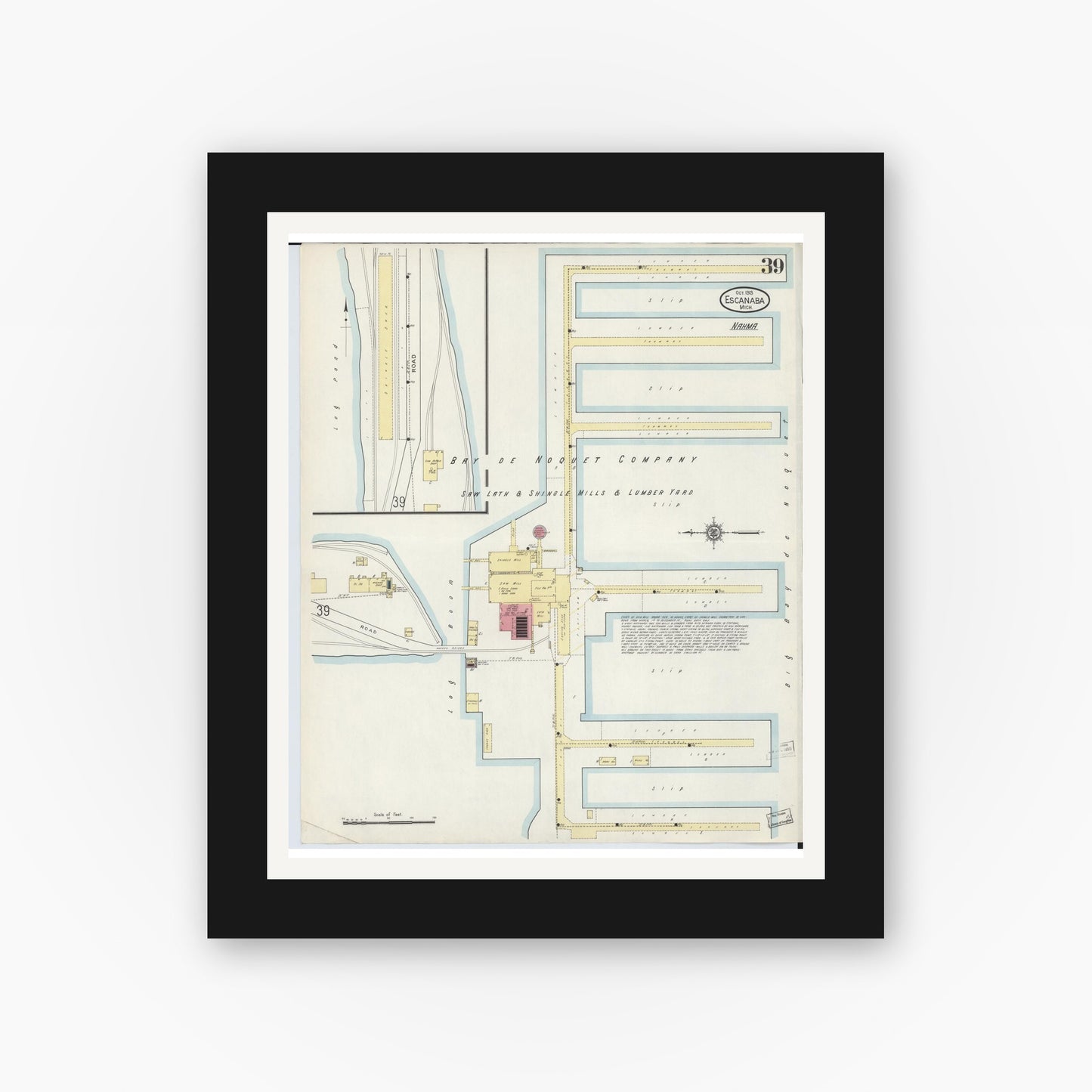 Old map wall art mockup — black gallery frame with white mat — Sanborn Fire Insurance Map from Escanaba, Delta County, Michigan (1913), Sheet #0039