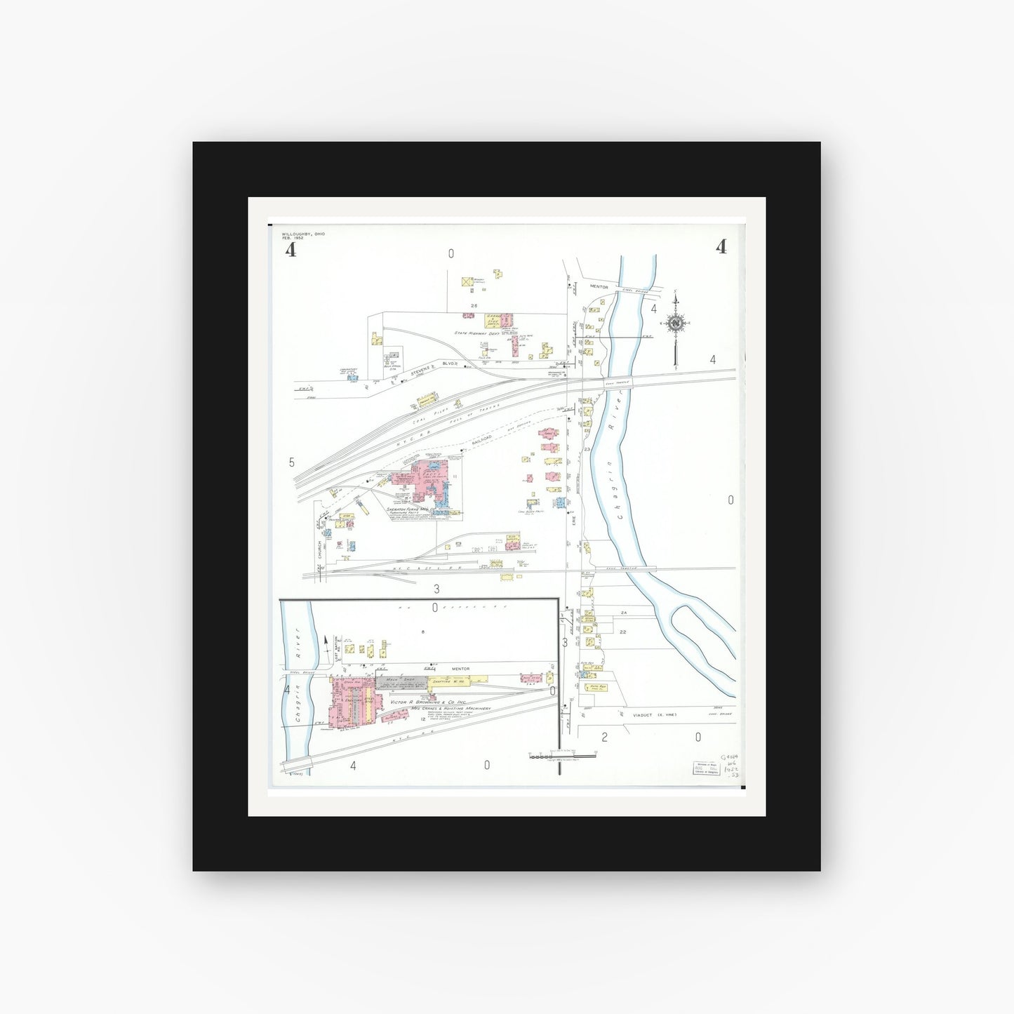 Old map wall art mockup — black gallery frame with white mat — Sanborn Fire Insurance Map from Willoughby, Lake County, Ohio (1952), Sheet #0004