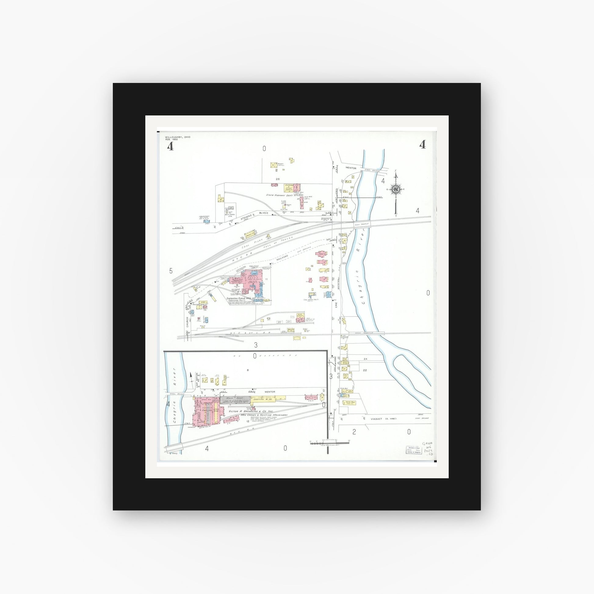 Old map wall art mockup — black gallery frame with white mat — Sanborn Fire Insurance Map from Willoughby, Lake County, Ohio (1952), Sheet #0004