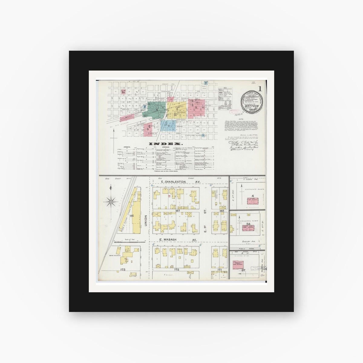 Old map wall art mockup — black gallery frame with white mat — Sanborn Fire Insurance Map from Mattoon, Coles County, Illinois (1892), Sheet #0001