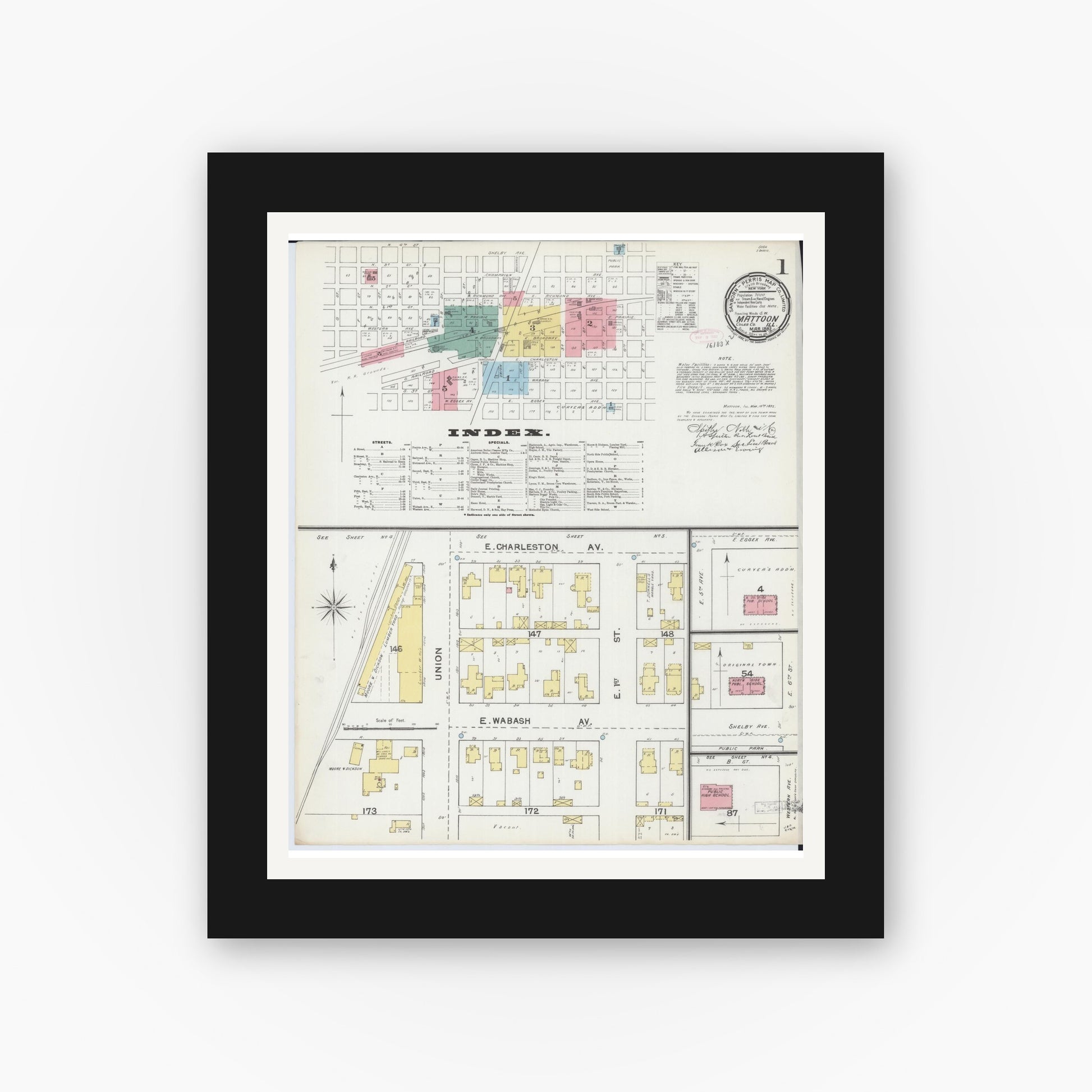 Old map wall art mockup — black gallery frame with white mat — Sanborn Fire Insurance Map from Mattoon, Coles County, Illinois (1892), Sheet #0001