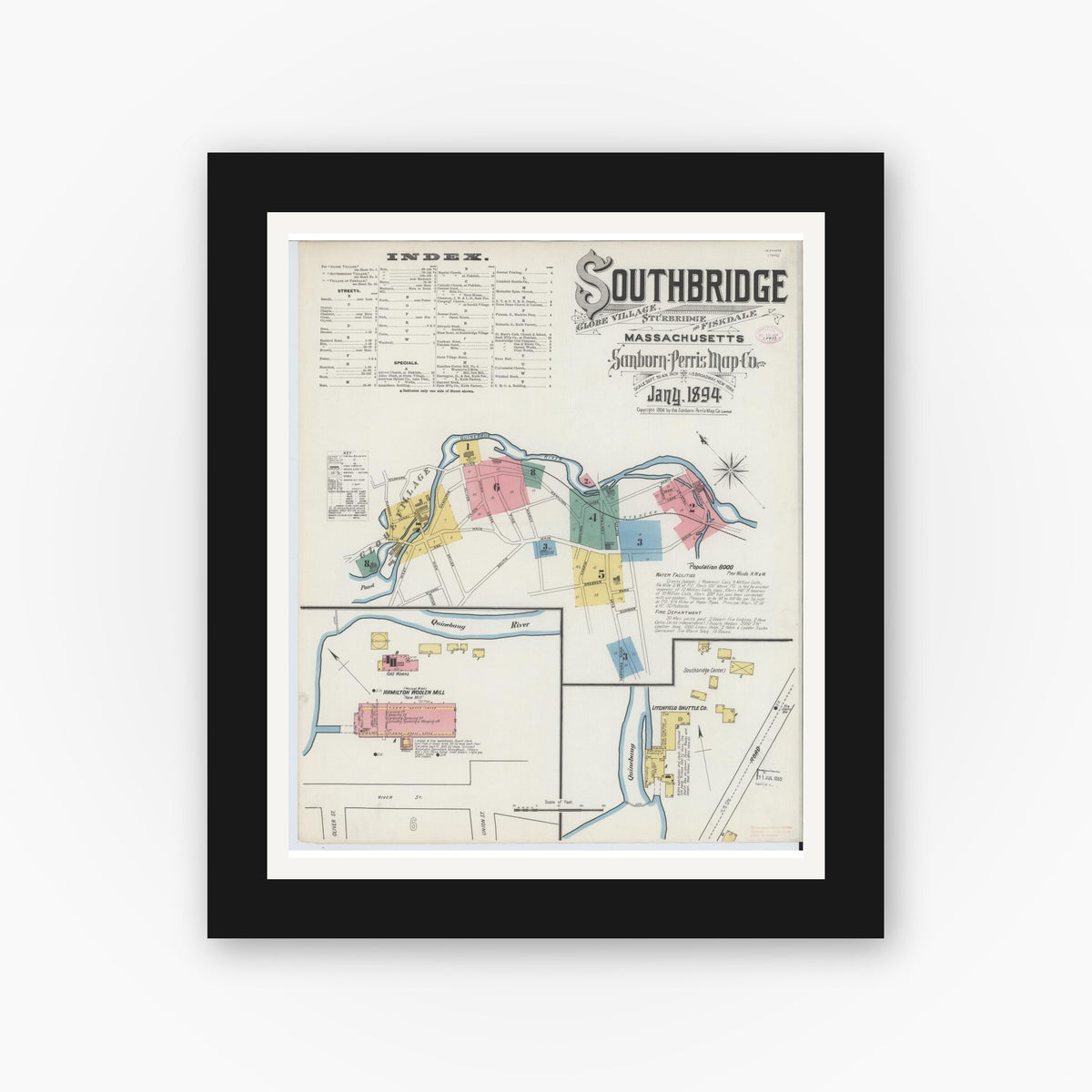 Old map wall art mockup — black gallery frame with white mat — Sanborn Fire Insurance Map from Southbridge, Worcester County, Massachusetts (1894), Sheet #0001