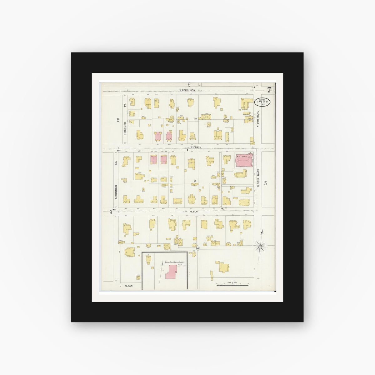Old map wall art mockup — black gallery frame with white mat — Sanborn Fire Insurance Map from Tyler, Smith County, Texas (1898), Sheet #0007