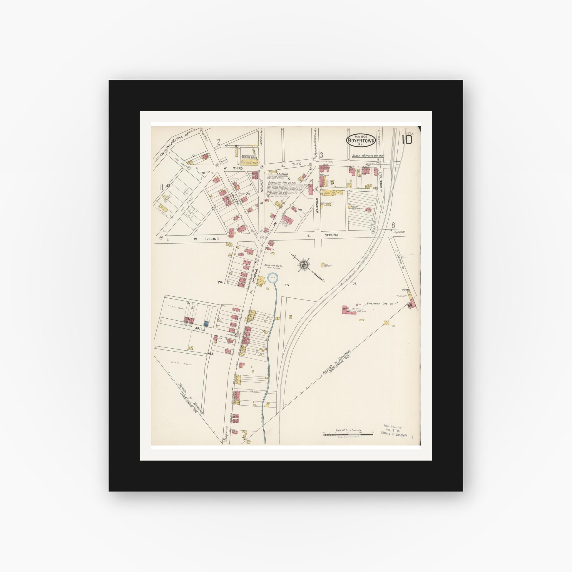 Old map wall art mockup — black gallery frame with white mat — Sanborn Fire Insurance Map from Boyertown, Berks County, Pennsylvania (1922), Sheet #0010