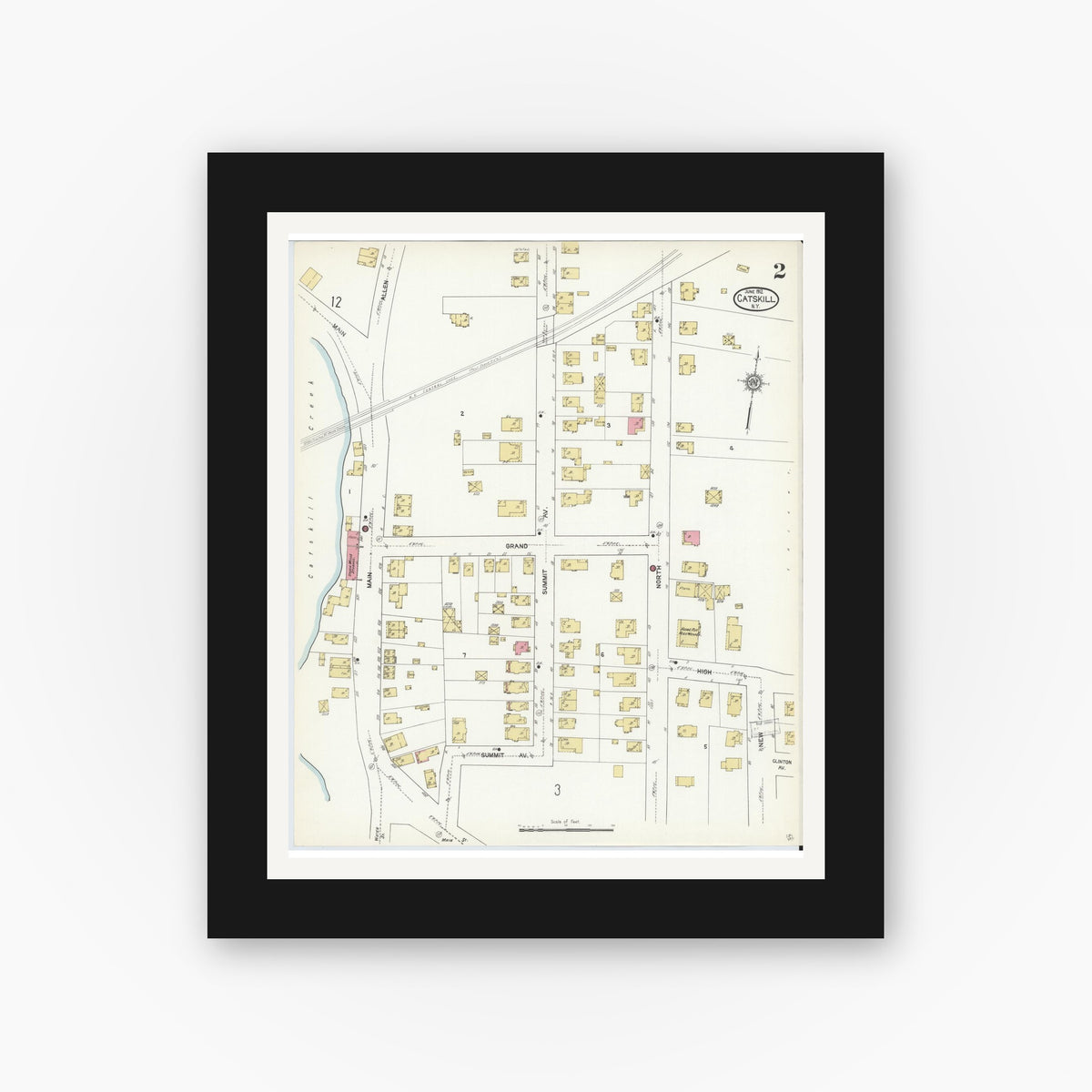 Old map wall art mockup — black gallery frame with white mat — Sanborn Fire Insurance Map from Catskill, Greene County, New York (1912), Sheet #0002