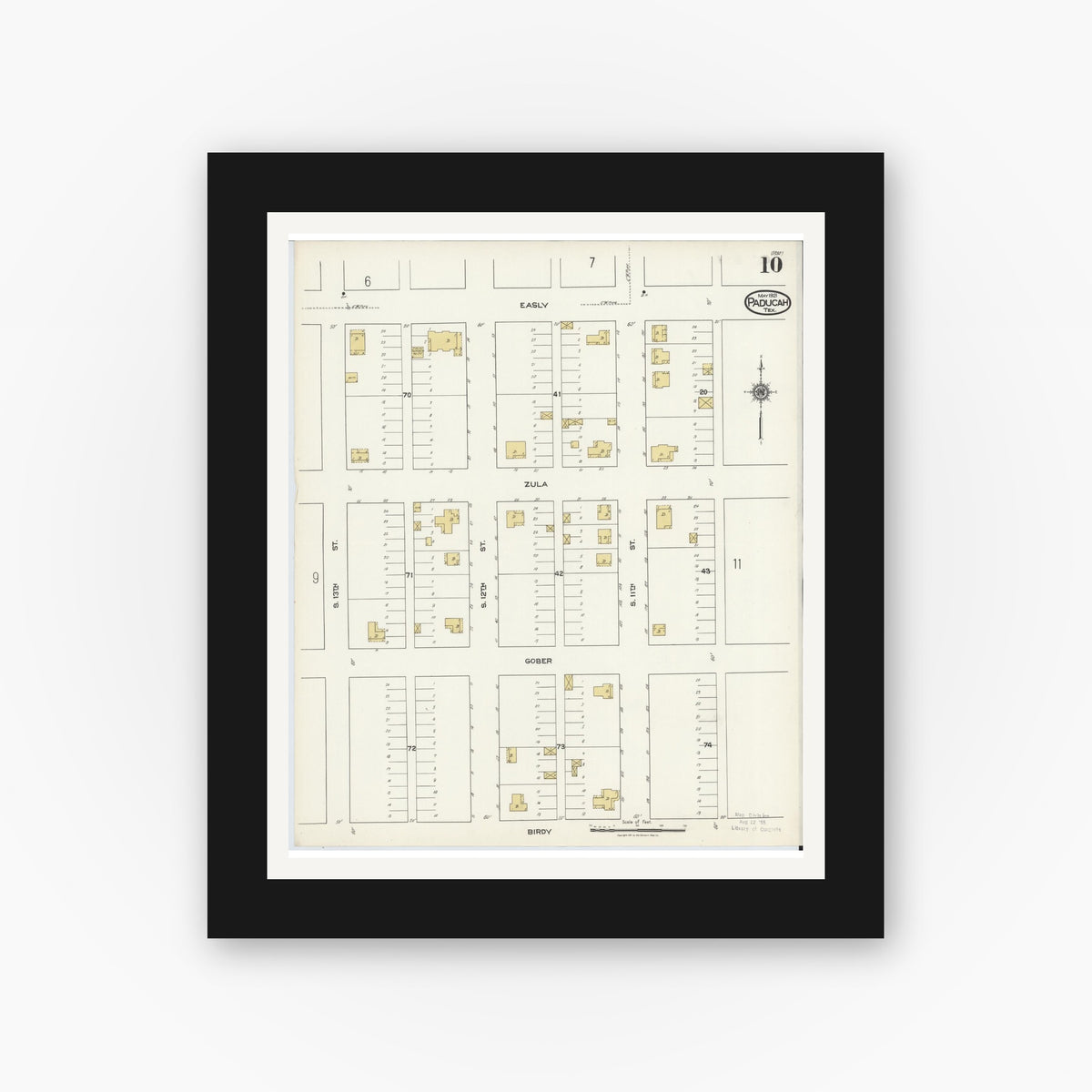 Old map wall art mockup — black gallery frame with white mat — Sanborn Fire Insurance Map from Paducah, Cottle County, Texas (1921), Sheet #0010