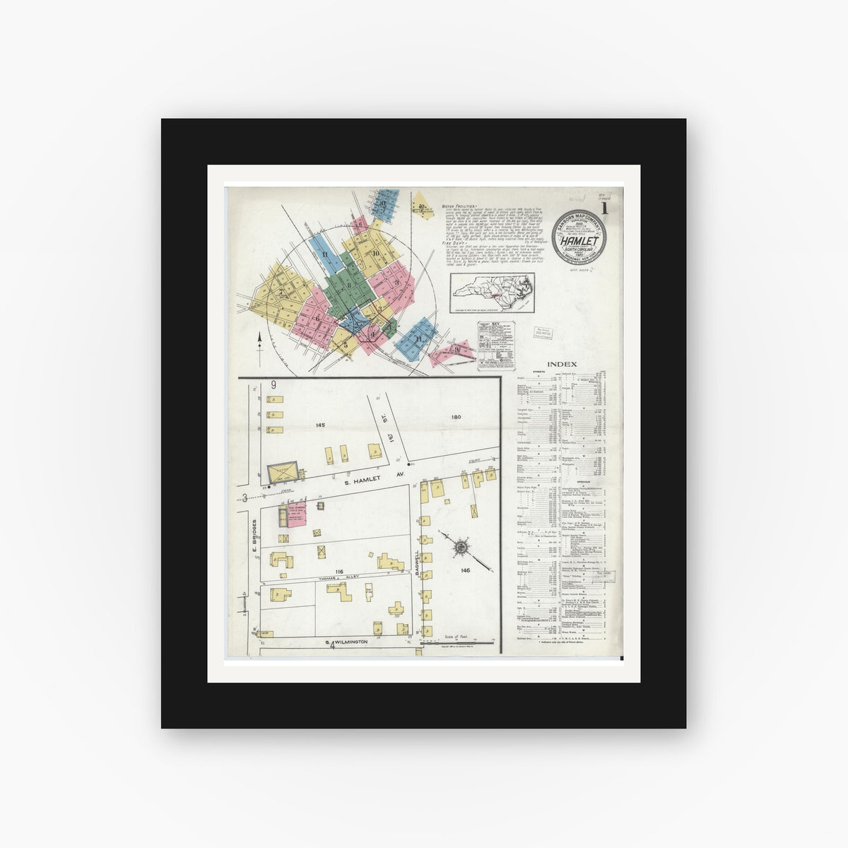 Old map wall art mockup — black gallery frame with white mat — Sanborn Fire Insurance Map from Hamlet, Richmond County, North Carolina (1920), Sheet #0001