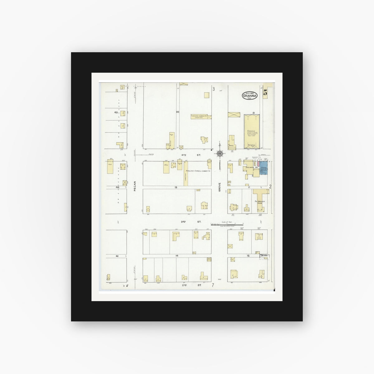 Old map wall art mockup — black gallery frame with white mat — Sanborn Fire Insurance Map from Graham, Young County, Texas (1920), Sheet #0005