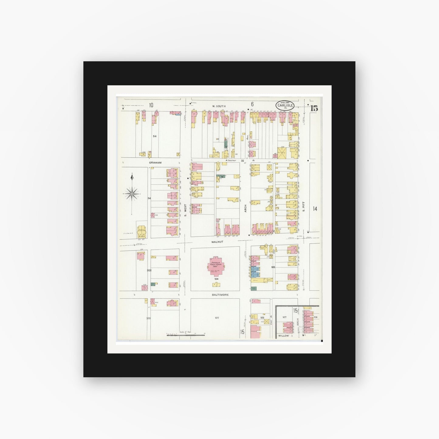Old map wall art mockup — black gallery frame with white mat — Sanborn Fire Insurance Map from Carlisle, Cumberland County, Pennsylvania (1909), Sheet #0015