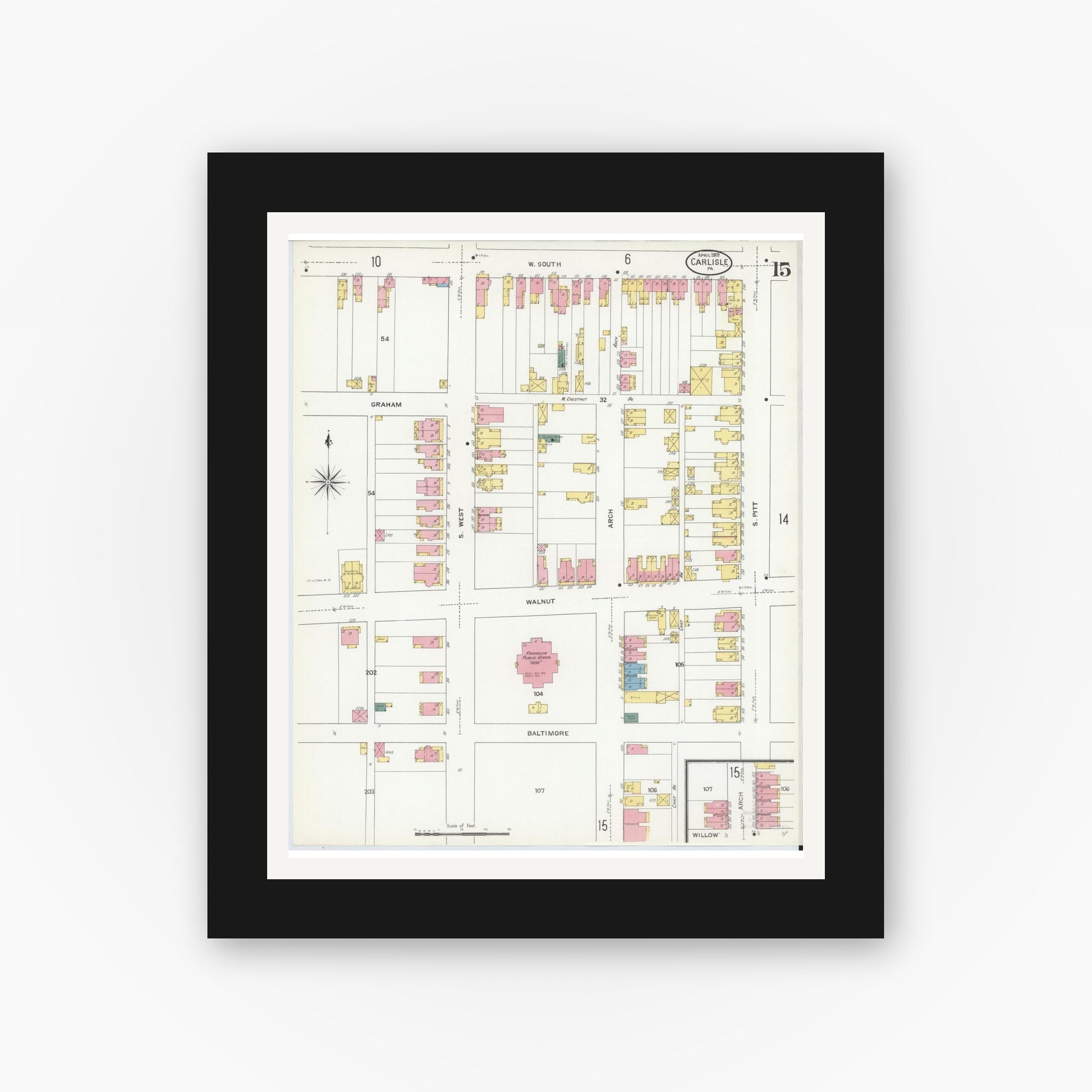 Old map wall art mockup — black gallery frame with white mat — Sanborn Fire Insurance Map from Carlisle, Cumberland County, Pennsylvania (1909), Sheet #0015