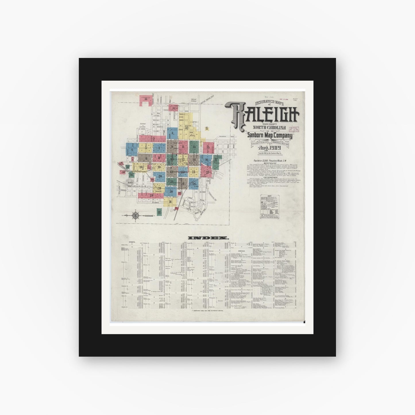Old map wall art mockup — black gallery frame with white mat — Sanborn Fire Insurance Map from Raleigh, Wake County, North Carolina (1909) - Complete Map Set