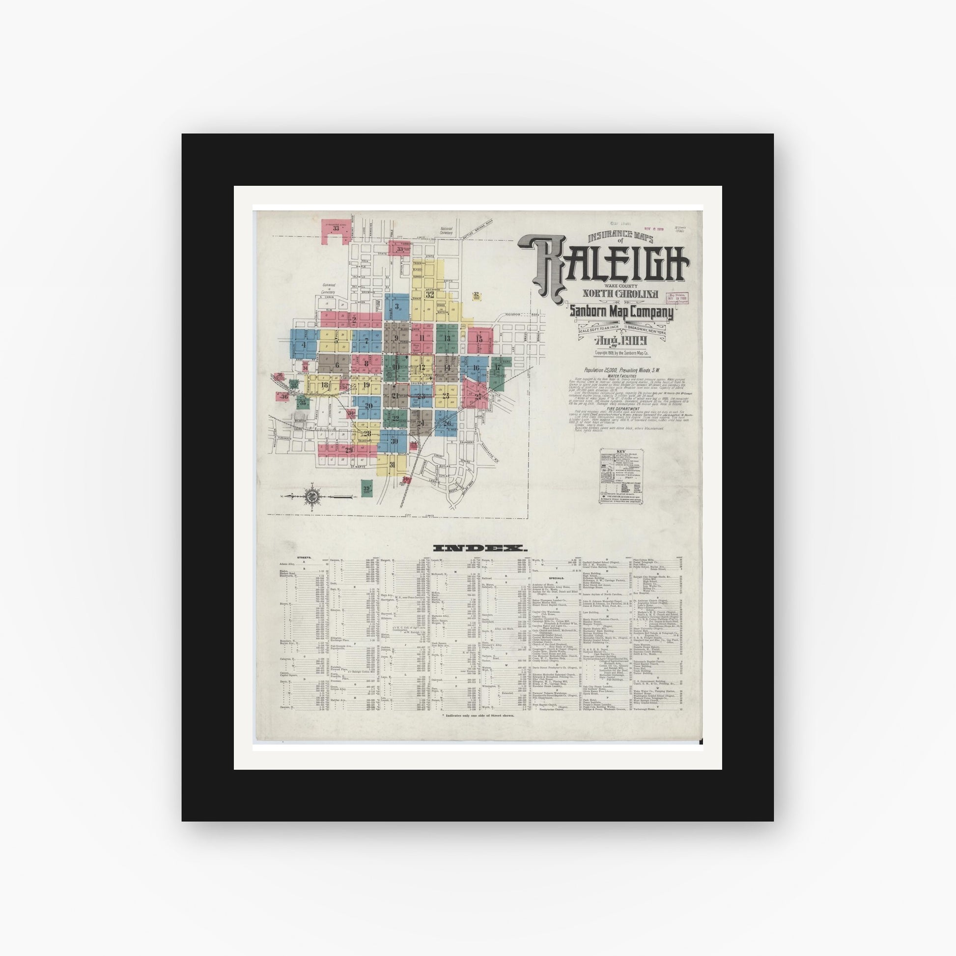 Old map wall art mockup — black gallery frame with white mat — Sanborn Fire Insurance Map from Raleigh, Wake County, North Carolina (1909) - Complete Map Set