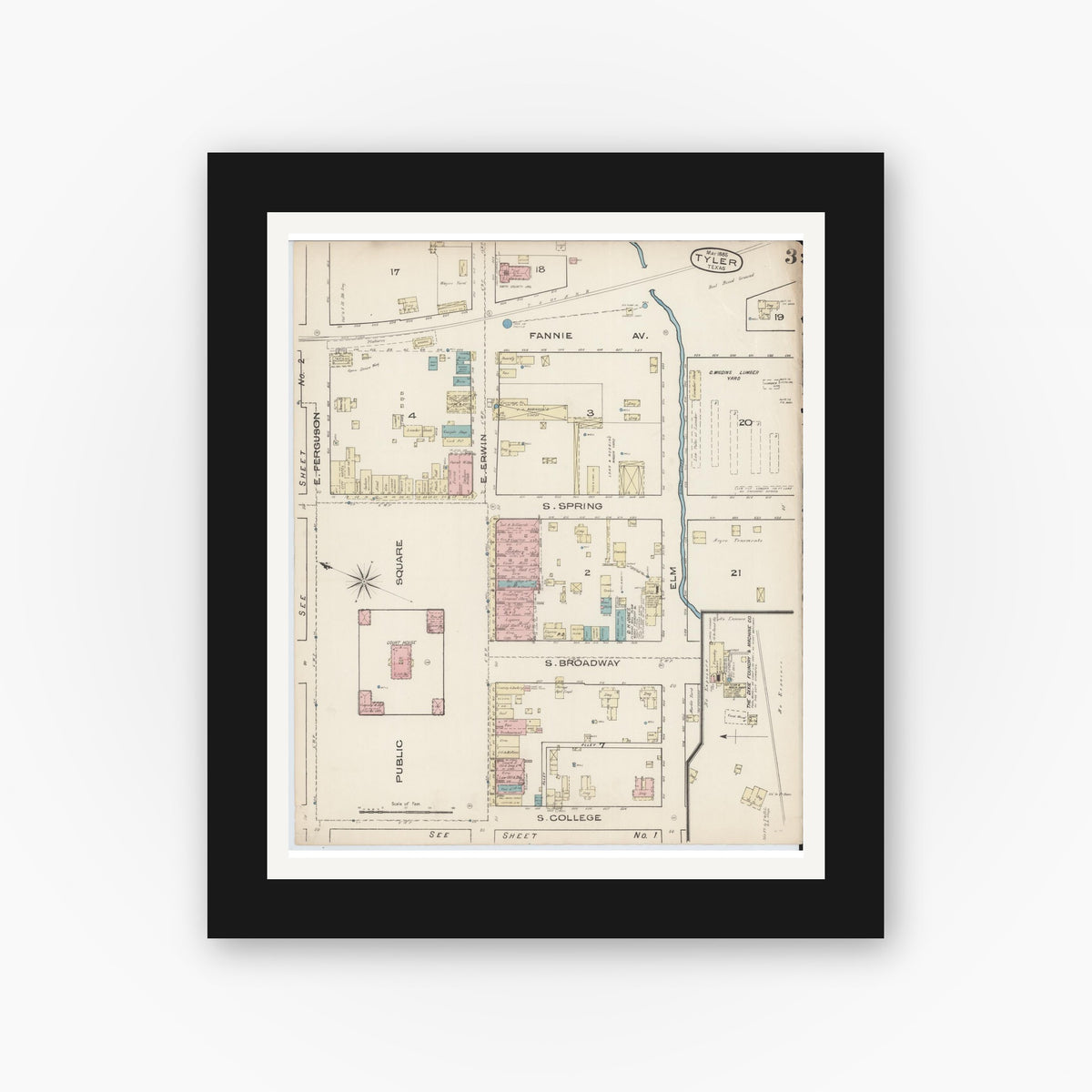 Old map wall art mockup — black gallery frame with white mat — Sanborn Fire Insurance Map from Tyler, Smith County, Texas (1885), Sheet #0003