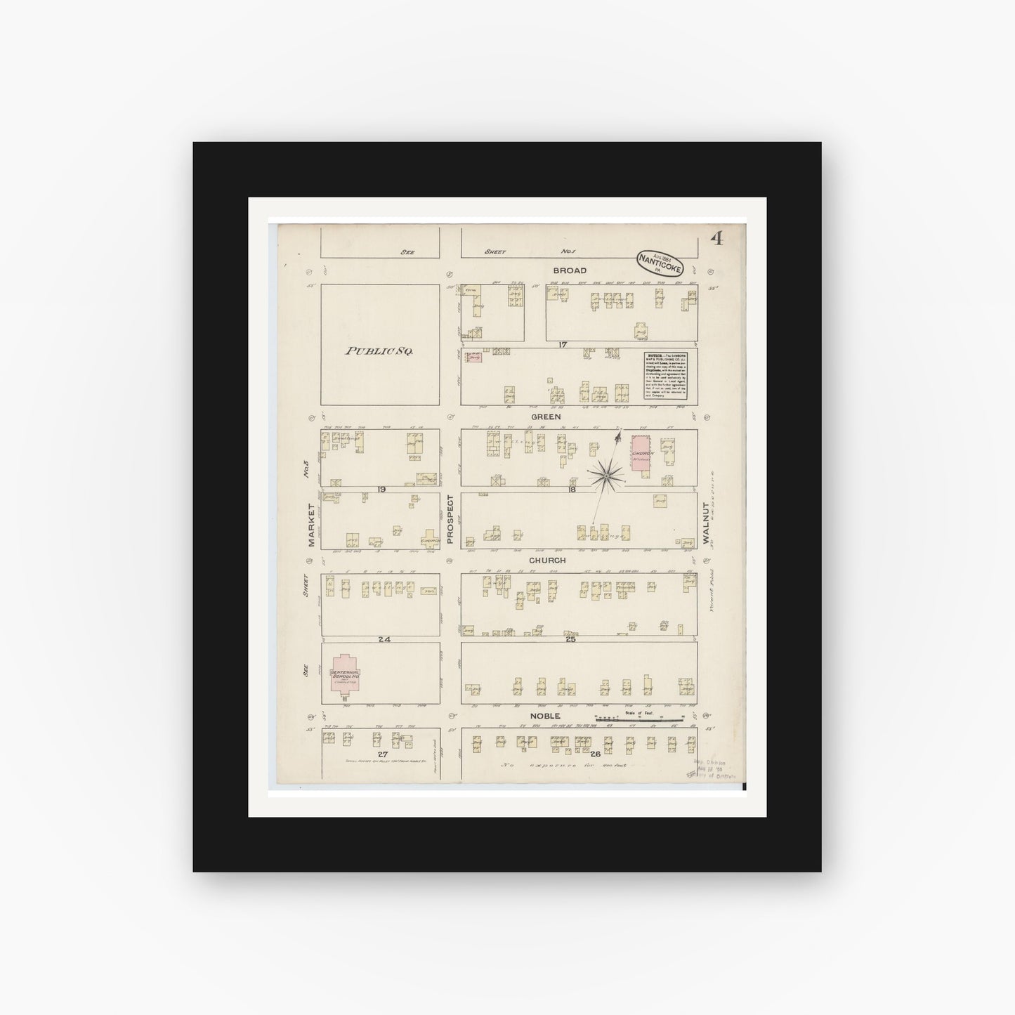 Old map wall art mockup — black gallery frame with white mat — Sanborn Fire Insurance Map from Nanticoke, Luzerne County, Pennsylvania (1884), Sheet #0004