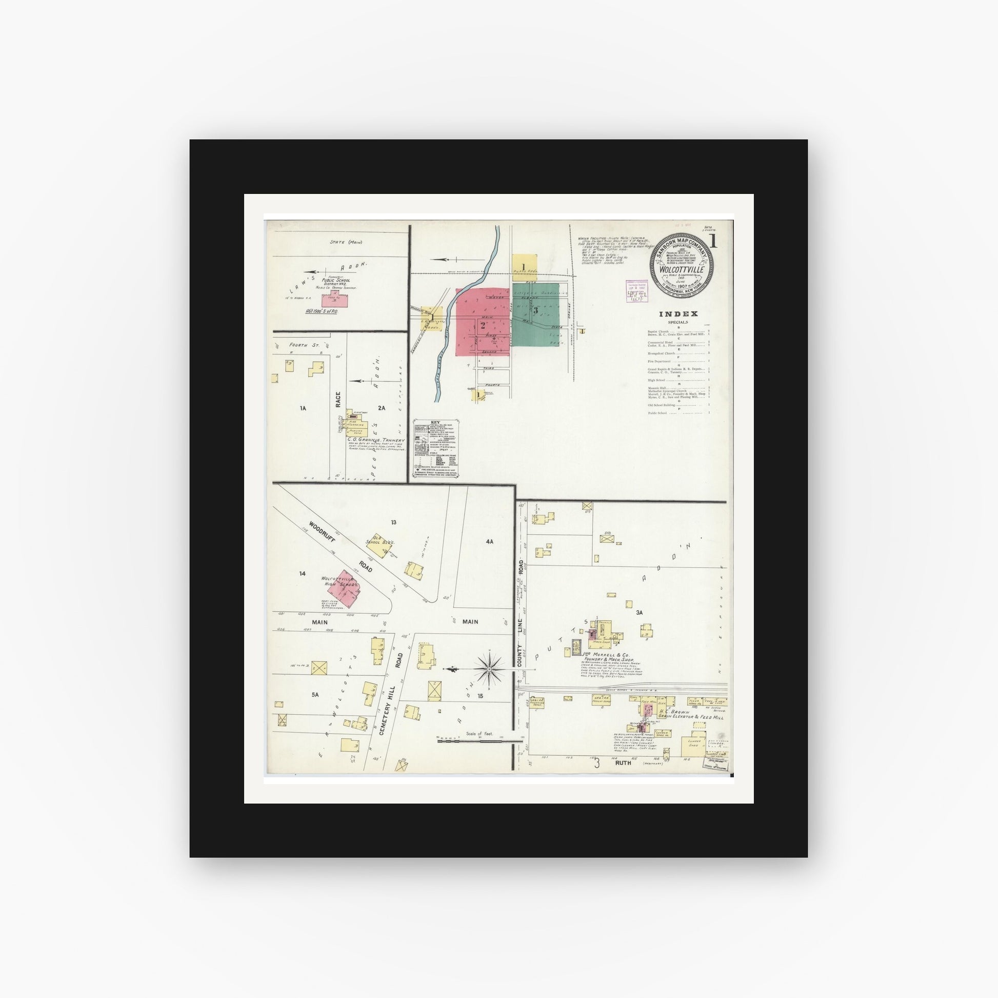 Old map wall art mockup — black gallery frame with white mat — Sanborn Fire Insurance Map from Wolcottville, Noble And LaGrange Counties, Indiana (1907) - Complete Map Set