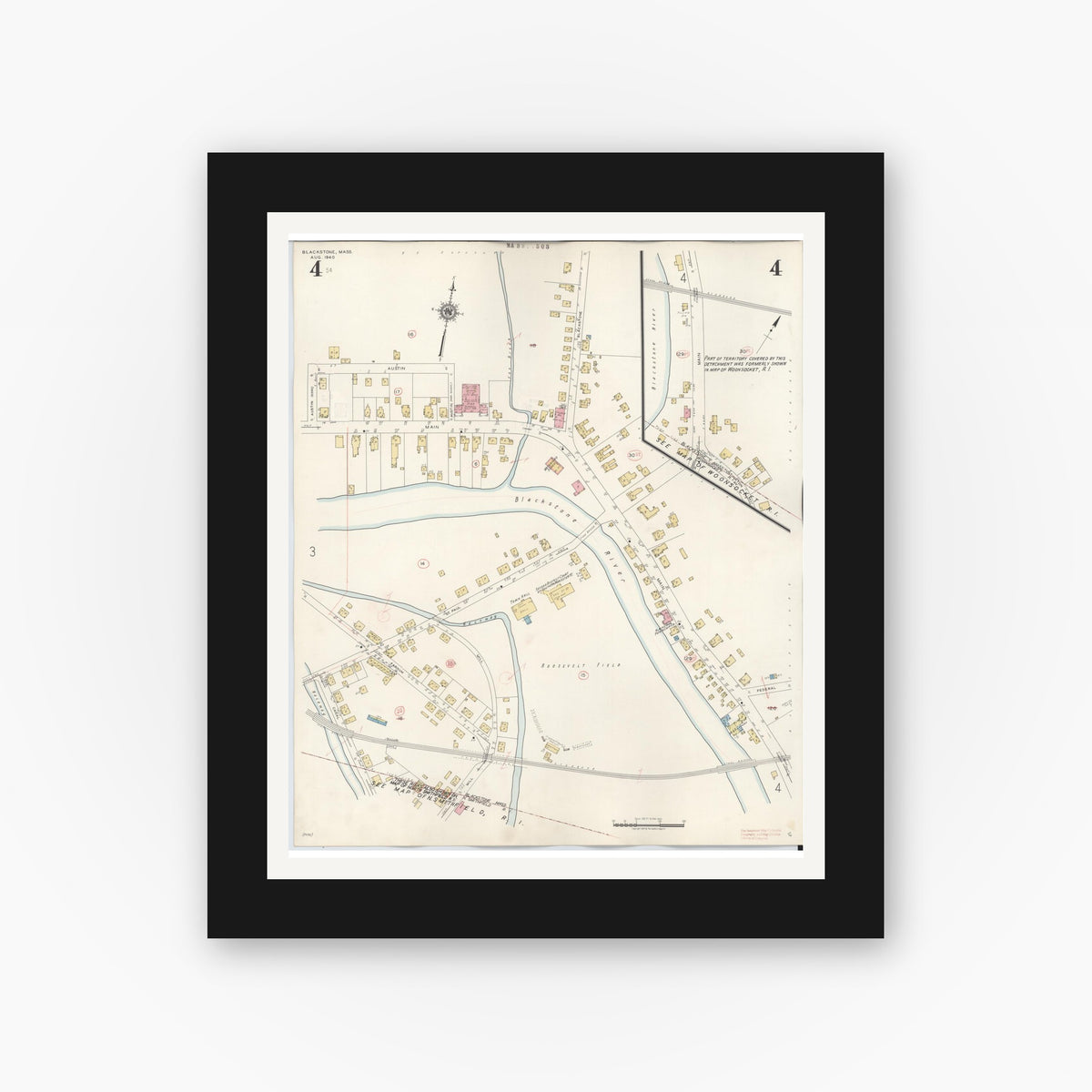 Old map wall art mockup — black gallery frame with white mat — Sanborn Fire Insurance Map from Blackstone, Worcester County, Massachusetts (1948), Sheet #0004