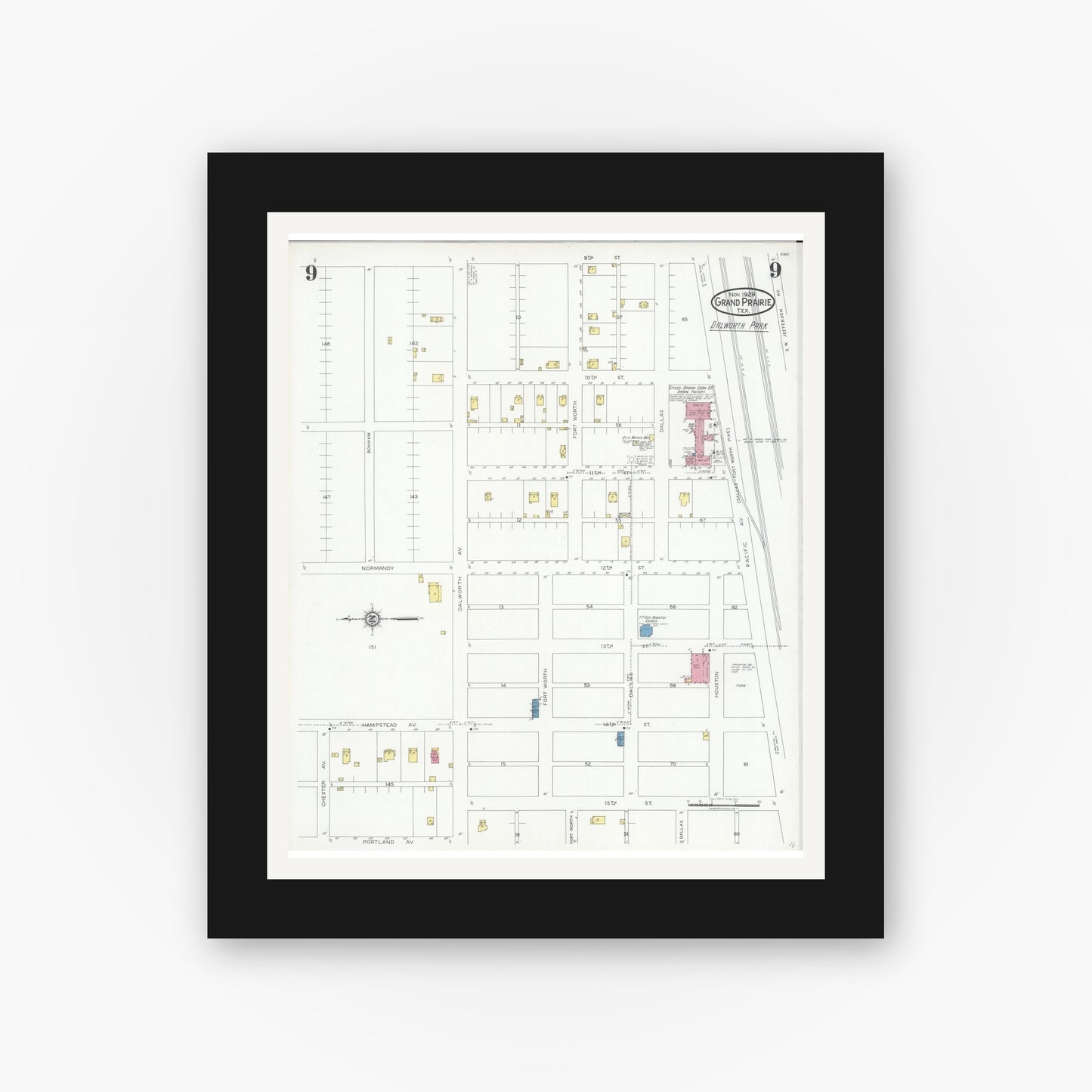 Old map wall art mockup — black gallery frame with white mat — Sanborn Fire Insurance Map from Grand Prairie, Dallas County, Texas (1929), Sheet #0009
