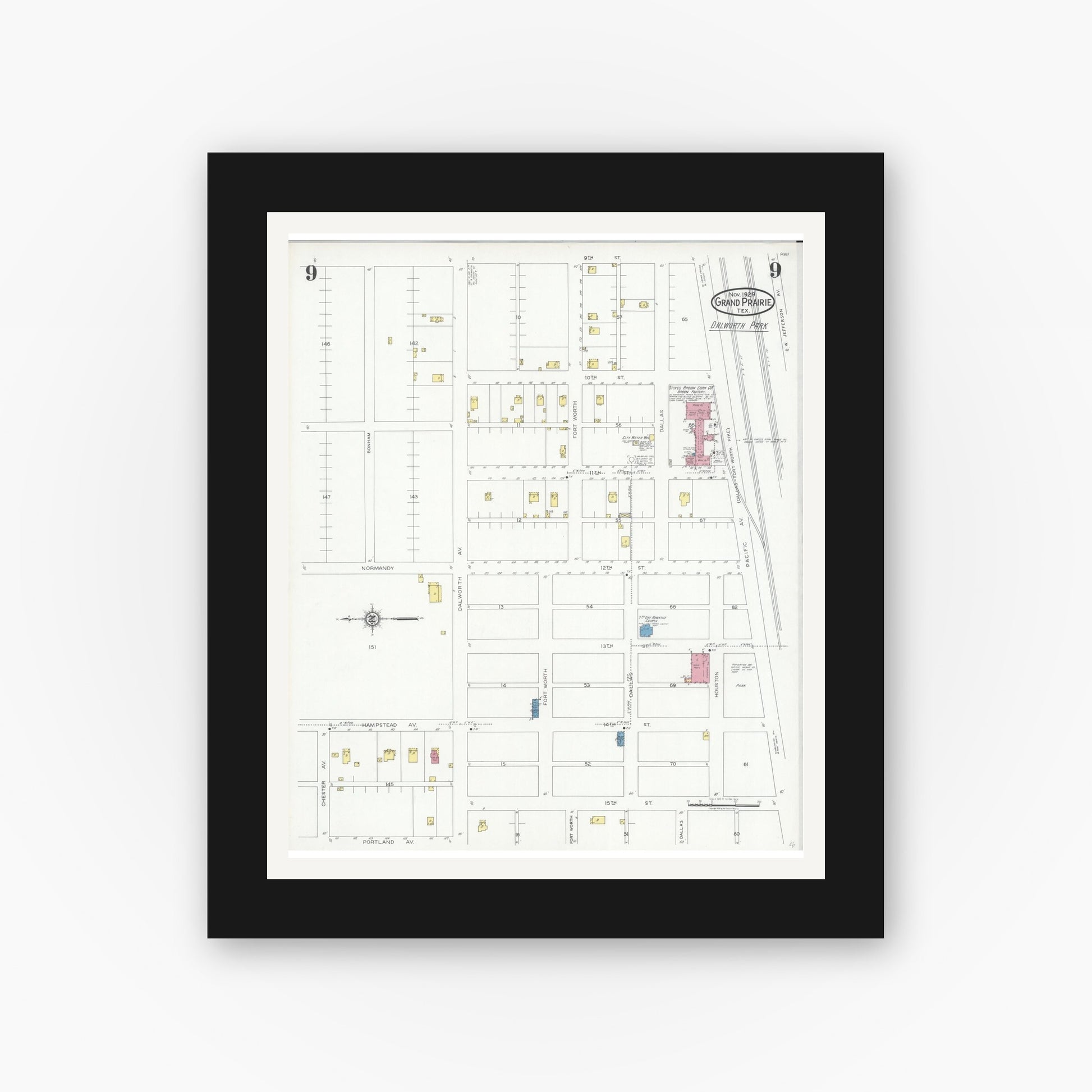 Old map wall art mockup — black gallery frame with white mat — Sanborn Fire Insurance Map from Grand Prairie, Dallas County, Texas (1929), Sheet #0009