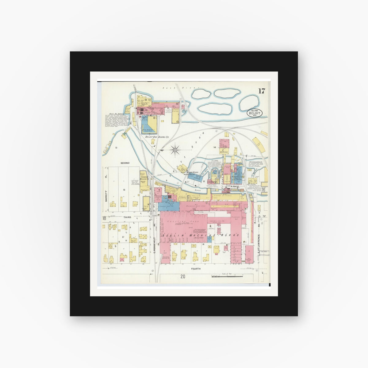 Old map wall art mockup — black gallery frame with white mat — Sanborn Fire Insurance Map from Beloit, Rock County, Wisconsin (1908), Sheet #0017