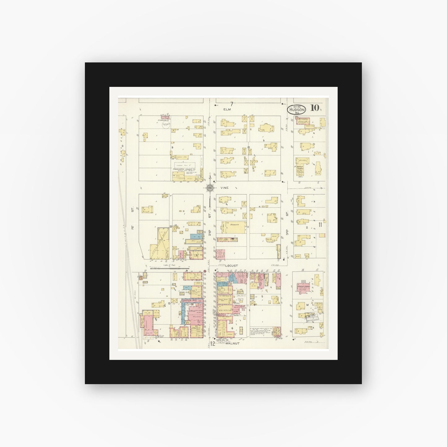 Old map wall art mockup — black gallery frame with white mat — Sanborn Fire Insurance Map from Hudson, St. Croix County, Wisconsin (1912), Sheet #0010