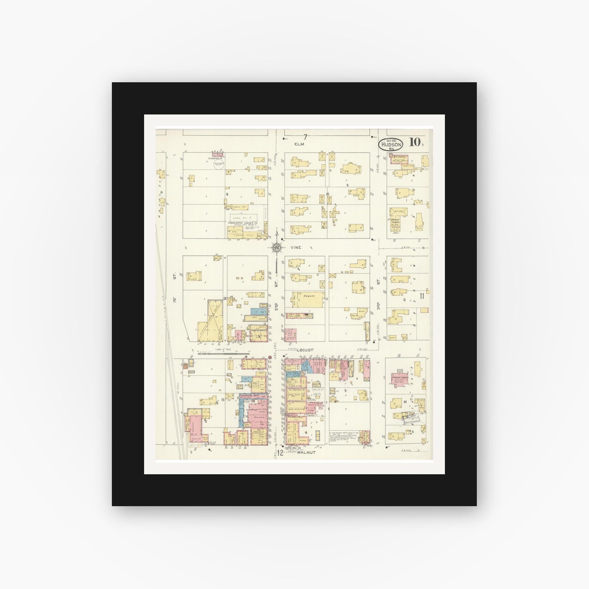 Old map wall art mockup — black gallery frame with white mat — Sanborn Fire Insurance Map from Hudson, St. Croix County, Wisconsin (1912), Sheet #0010