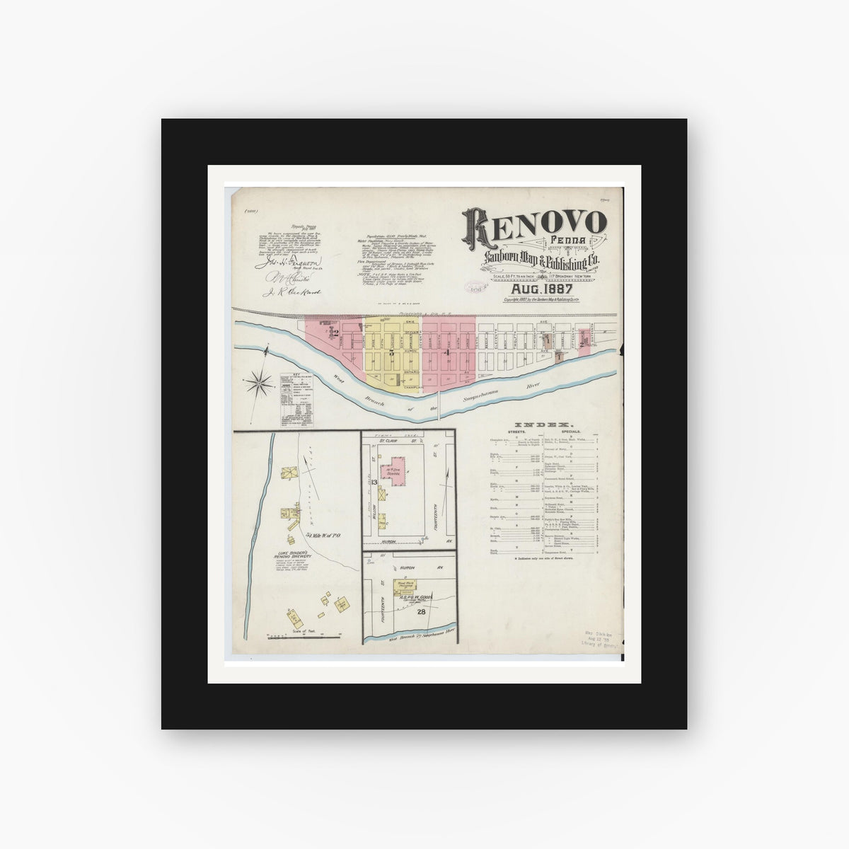 Old map wall art mockup — black gallery frame with white mat — Sanborn Fire Insurance Map from Renovo, Clinton County, Pennsylvania (1887) - Complete Map Set