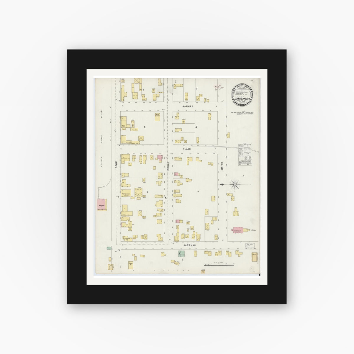 Old map wall art mockup — black gallery frame with white mat — Sanborn Fire Insurance Map from Dannemora, Clinton County, New York (1896), Sheet #0001
