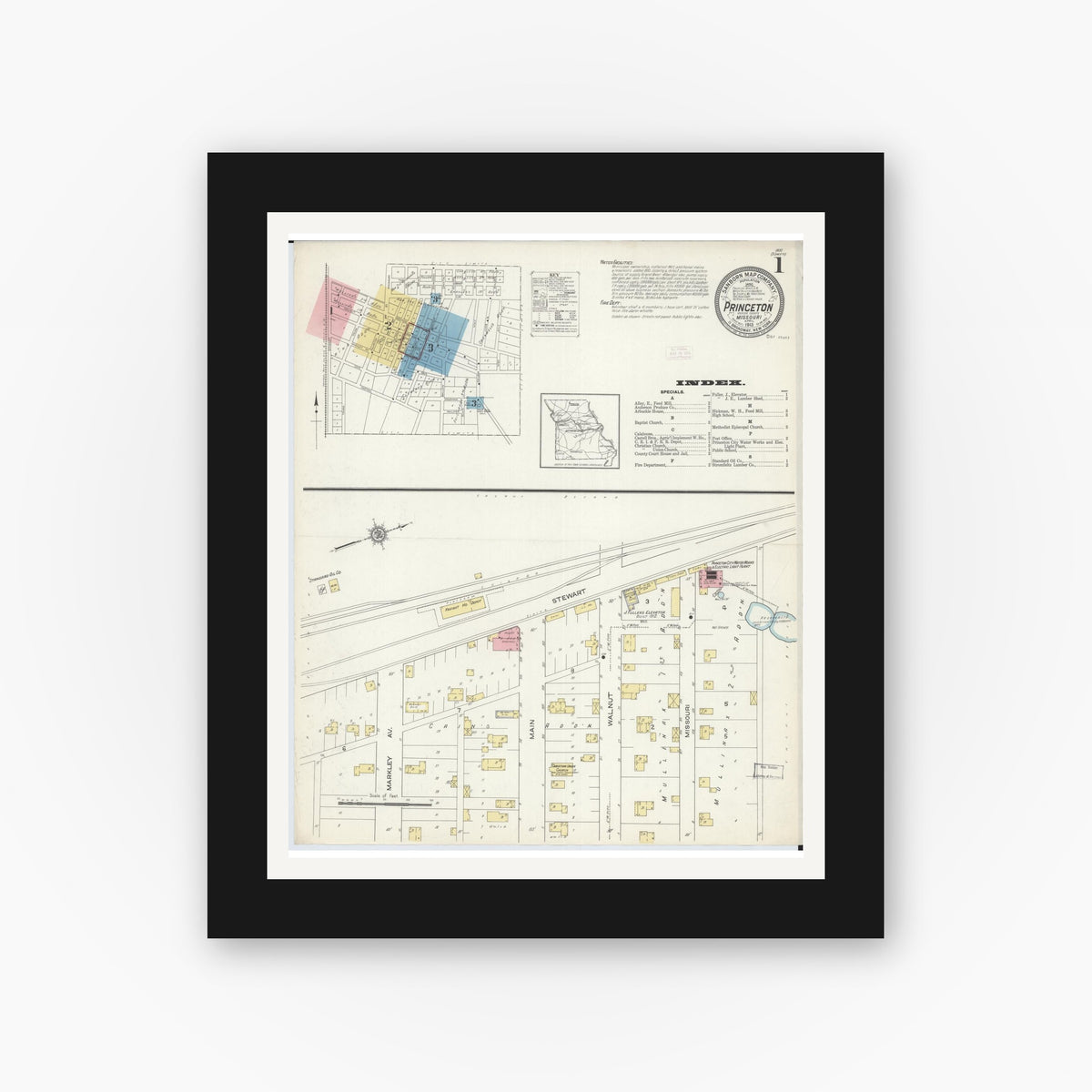 Old map wall art mockup — black gallery frame with white mat — Sanborn Fire Insurance Map from Princeton, Mercer County, Missouri (1913) - Complete Map Set
