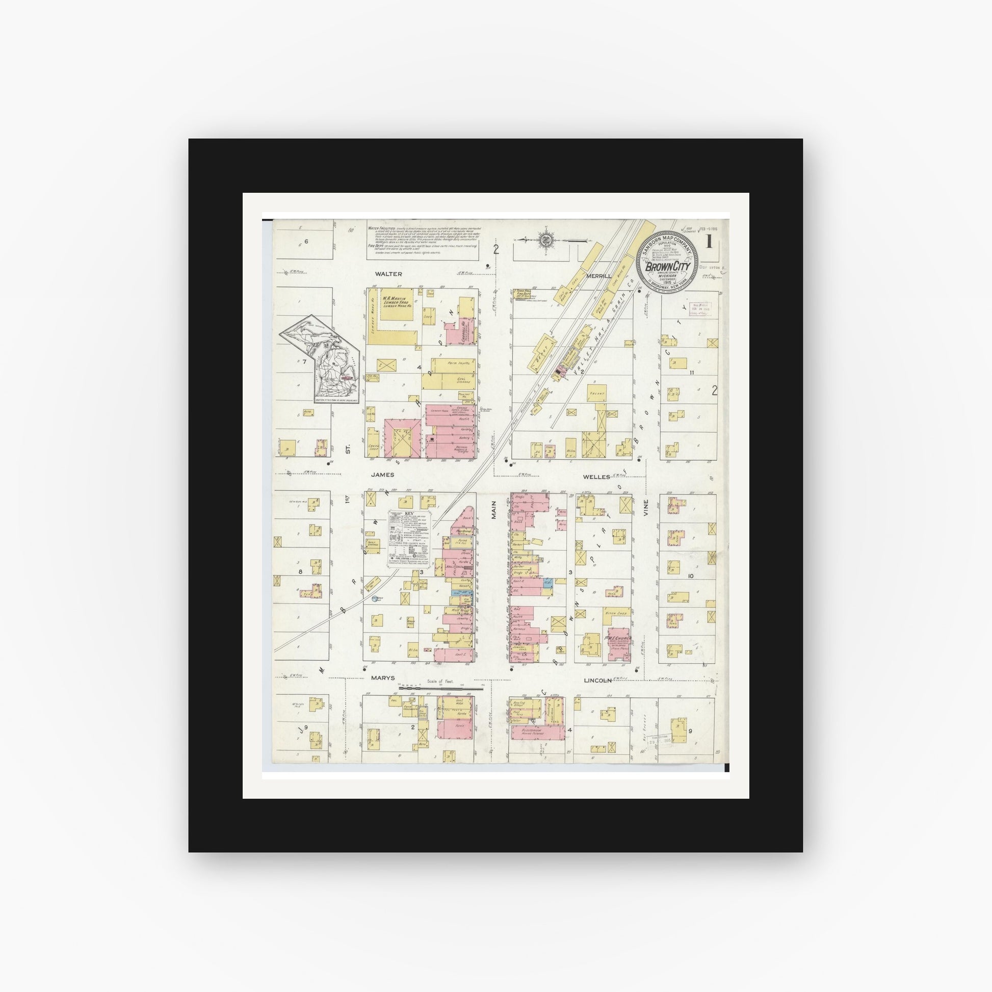 Old map wall art mockup — black gallery frame with white mat — Sanborn Fire Insurance Map from Brown City, Sanilac County, Michigan (1915), Sheet #0001