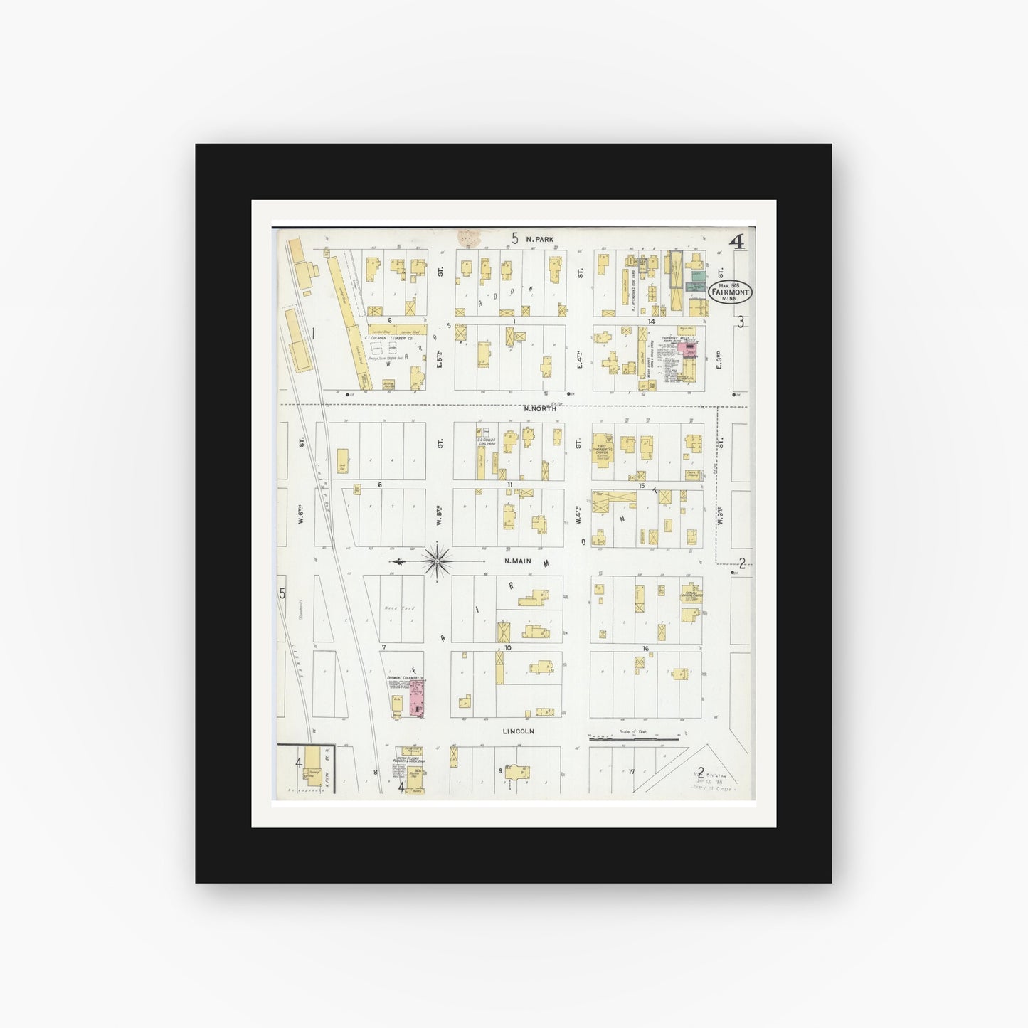 Old map wall art mockup — black gallery frame with white mat — Sanborn Fire Insurance Map from Fairmont, Martin County, Minnesota (1905), Sheet #0004