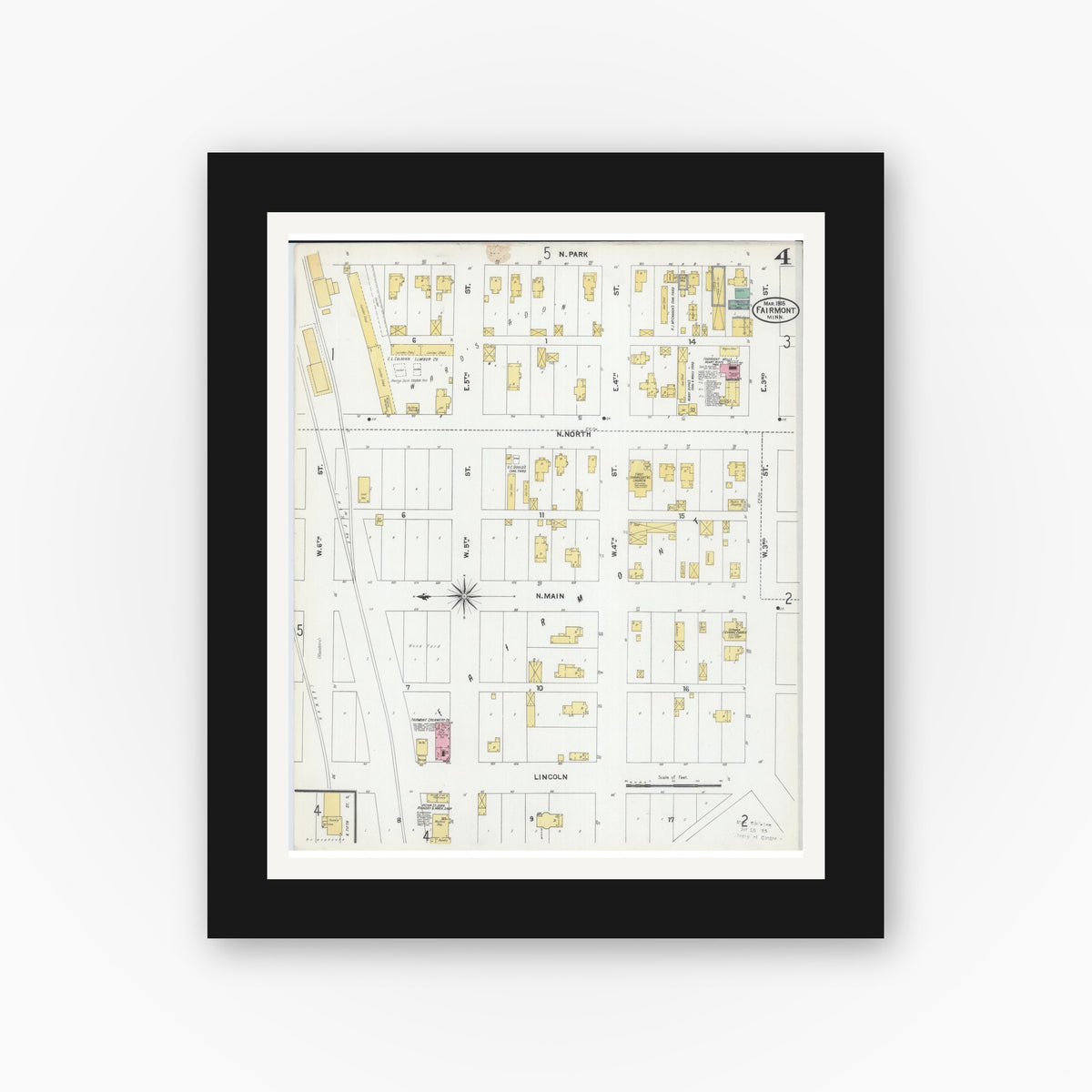 Old map wall art mockup — black gallery frame with white mat — Sanborn Fire Insurance Map from Fairmont, Martin County, Minnesota (1905), Sheet #0004
