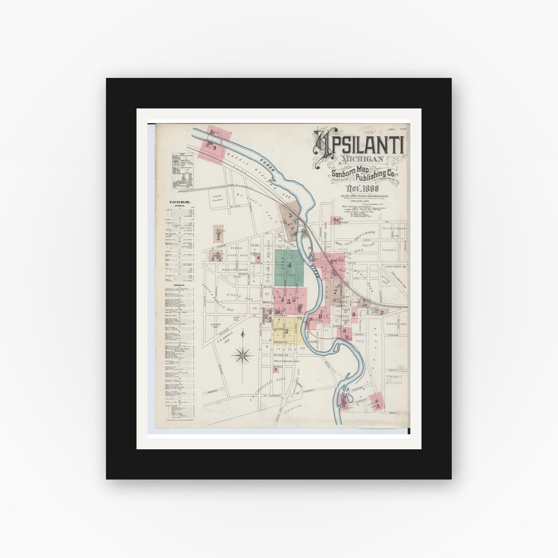 Old map wall art mockup — black gallery frame with white mat — Sanborn Fire Insurance Map from Ypsilanti, Washtenaw County, Michigan (1888) - Complete Map Set