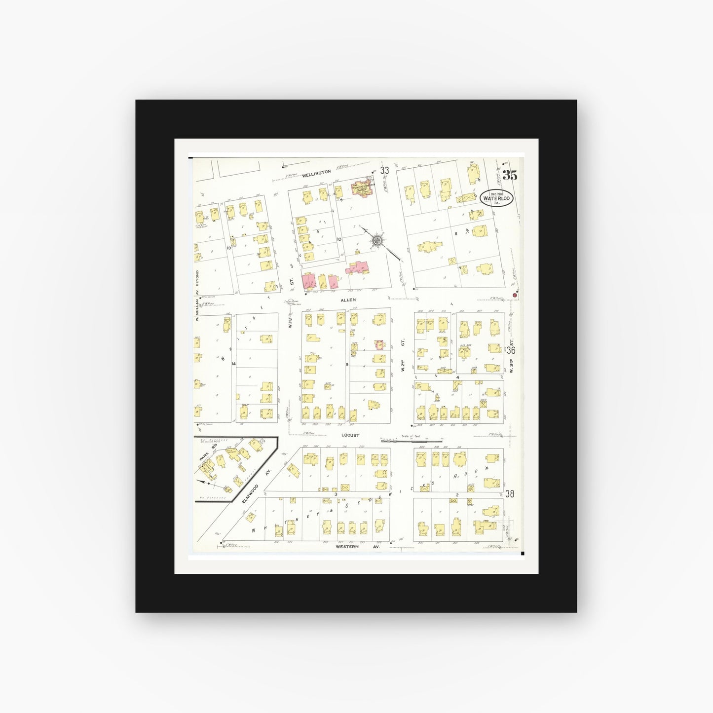 Old map wall art mockup — black gallery frame with white mat — Sanborn Fire Insurance Map from Waterloo, Black Hawk County, Iowa (1910), Sheet #0035