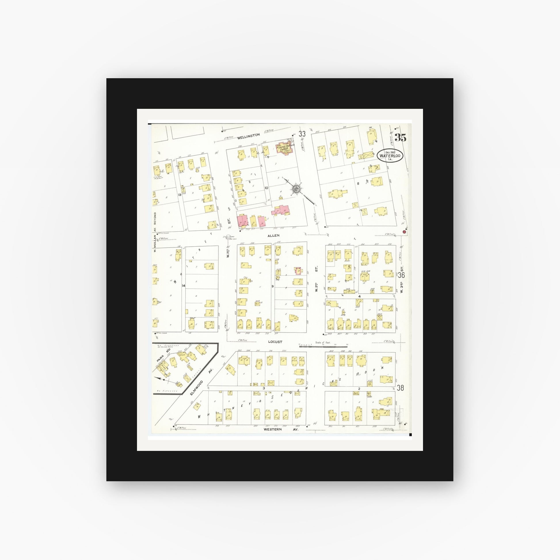 Old map wall art mockup — black gallery frame with white mat — Sanborn Fire Insurance Map from Waterloo, Black Hawk County, Iowa (1910), Sheet #0035