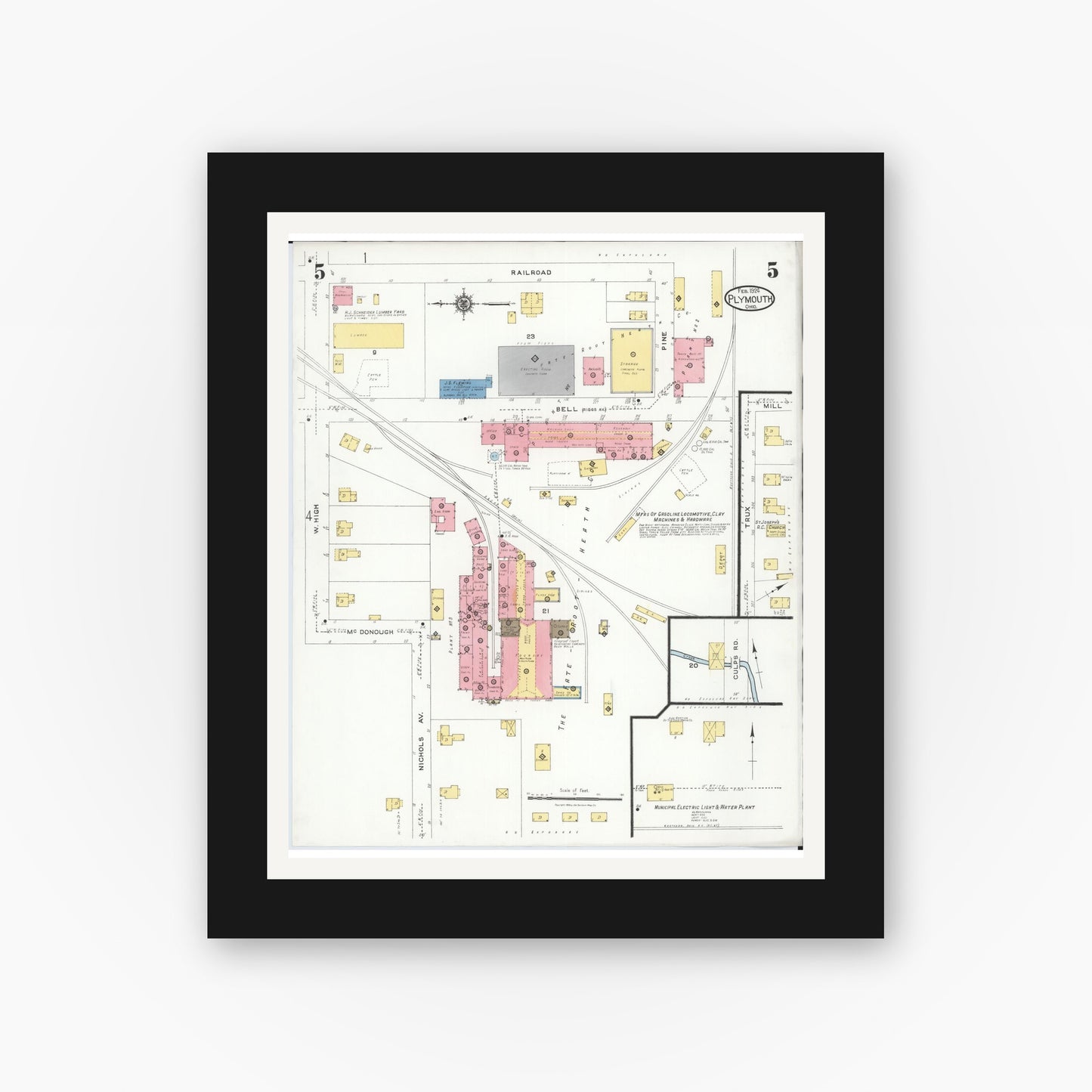 Old map wall art mockup — black gallery frame with white mat — Sanborn Fire Insurance Map from Plymouth, Huron And Richland Counties, Ohio (1924), Sheet #0005