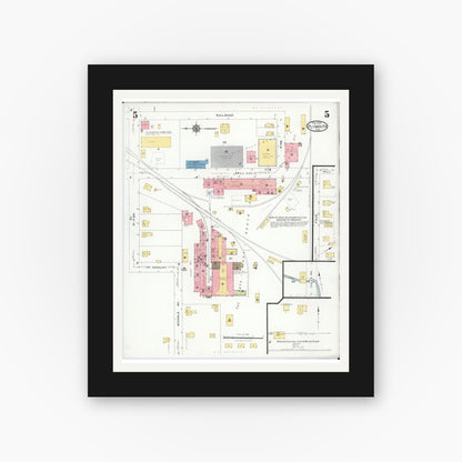 Old map wall art mockup — black gallery frame with white mat — Sanborn Fire Insurance Map from Plymouth, Huron And Richland Counties, Ohio (1924), Sheet #0005