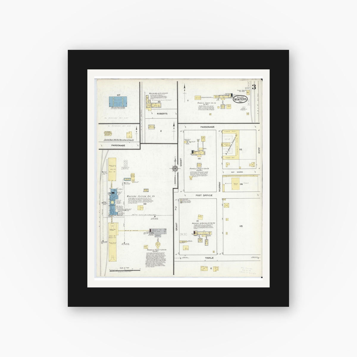 Old map wall art mockup — black gallery frame with white mat — Sanborn Fire Insurance Map from Winters, Runnels County, Texas (1917), Sheet #0003