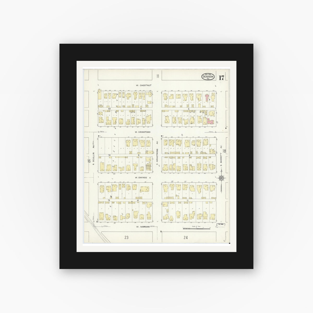 Old map wall art mockup — black gallery frame with white mat — Sanborn Fire Insurance Map from Denison, Grayson County, Texas (1914), Sheet #0017