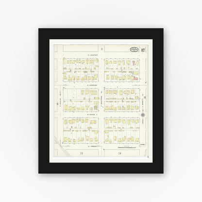 Old map wall art mockup — black gallery frame with white mat — Sanborn Fire Insurance Map from Denison, Grayson County, Texas (1914), Sheet #0017