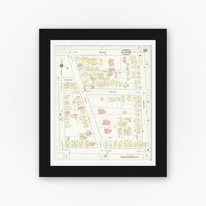 Old map wall art mockup — black gallery frame with white mat — Sanborn Fire Insurance Map from Lockport, Niagara County, New York (1914), Sheet #0020