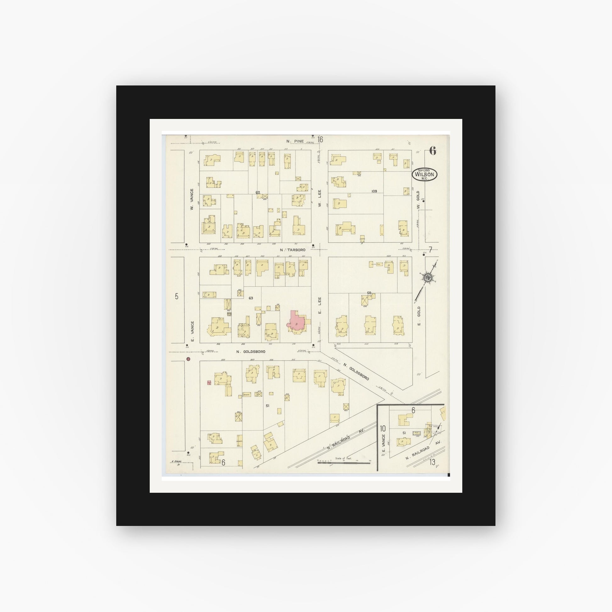 Old map wall art mockup — black gallery frame with white mat — Sanborn Fire Insurance Map from Wilson, Wilson County, North Carolina (1913), Sheet #0006