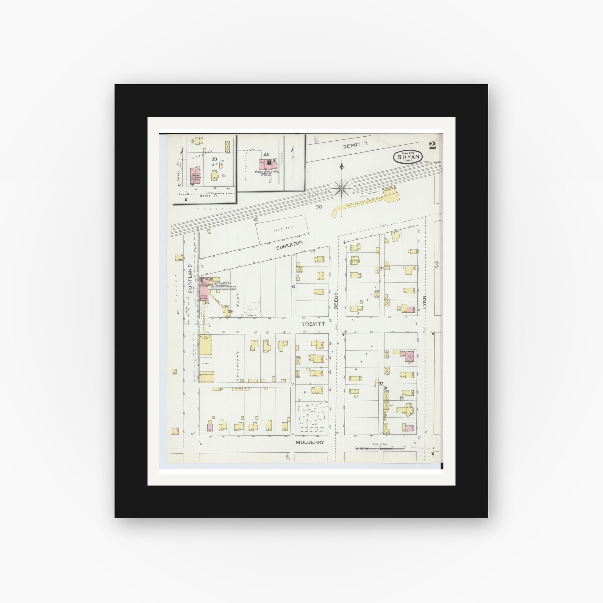 Old map wall art mockup — black gallery frame with white mat — Sanborn Fire Insurance Map from Bryan, Williams County, Ohio (1893), Sheet #0002