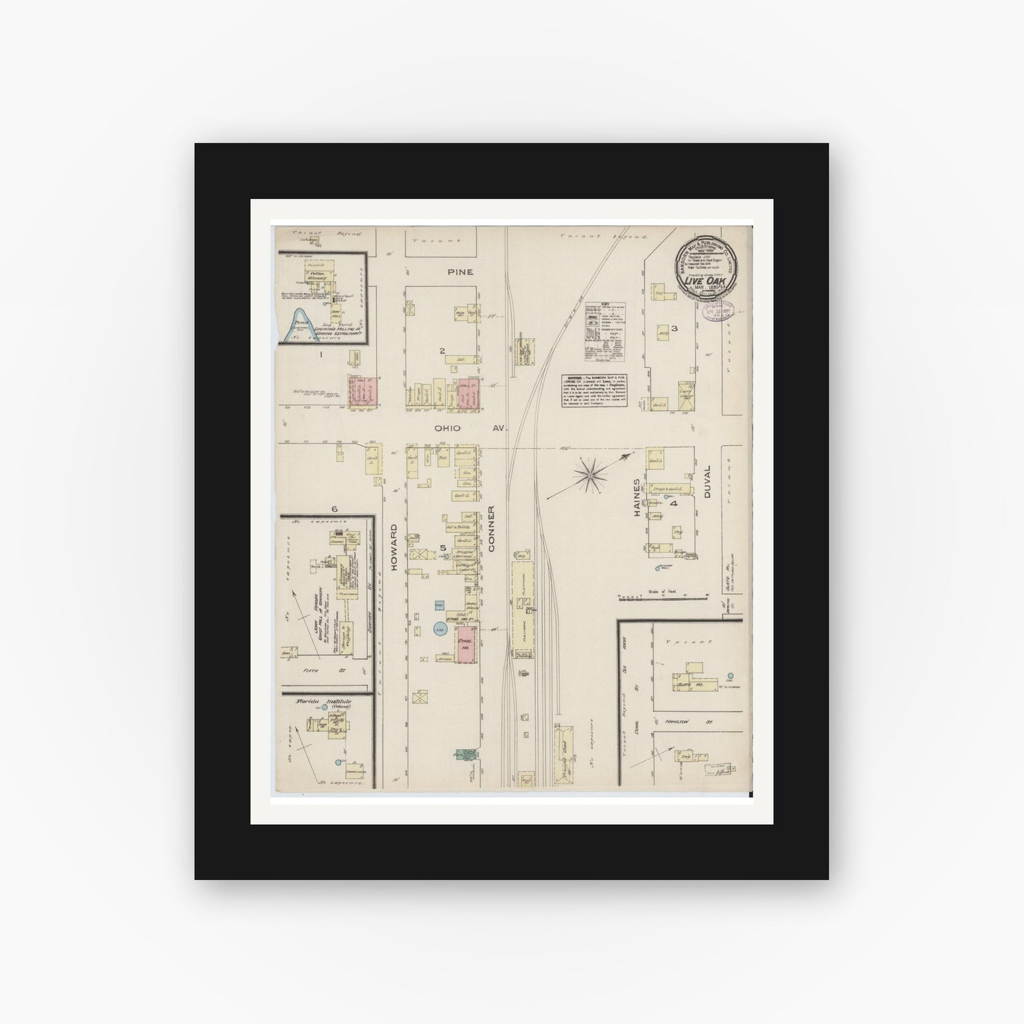 Old map wall art mockup — black gallery frame with white mat — Sanborn Fire Insurance Map from Live Oak, Suwanee County, Florida (1885), Sheet #0001