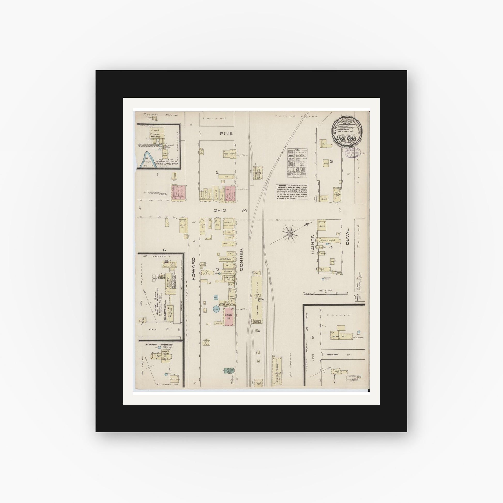 Old map wall art mockup — black gallery frame with white mat — Sanborn Fire Insurance Map from Live Oak, Suwanee County, Florida (1885), Sheet #0001